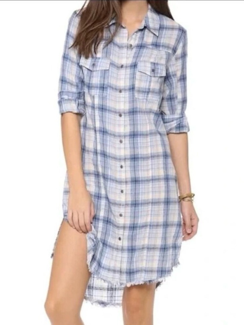 Free People Blue Plaid Shirt Dress